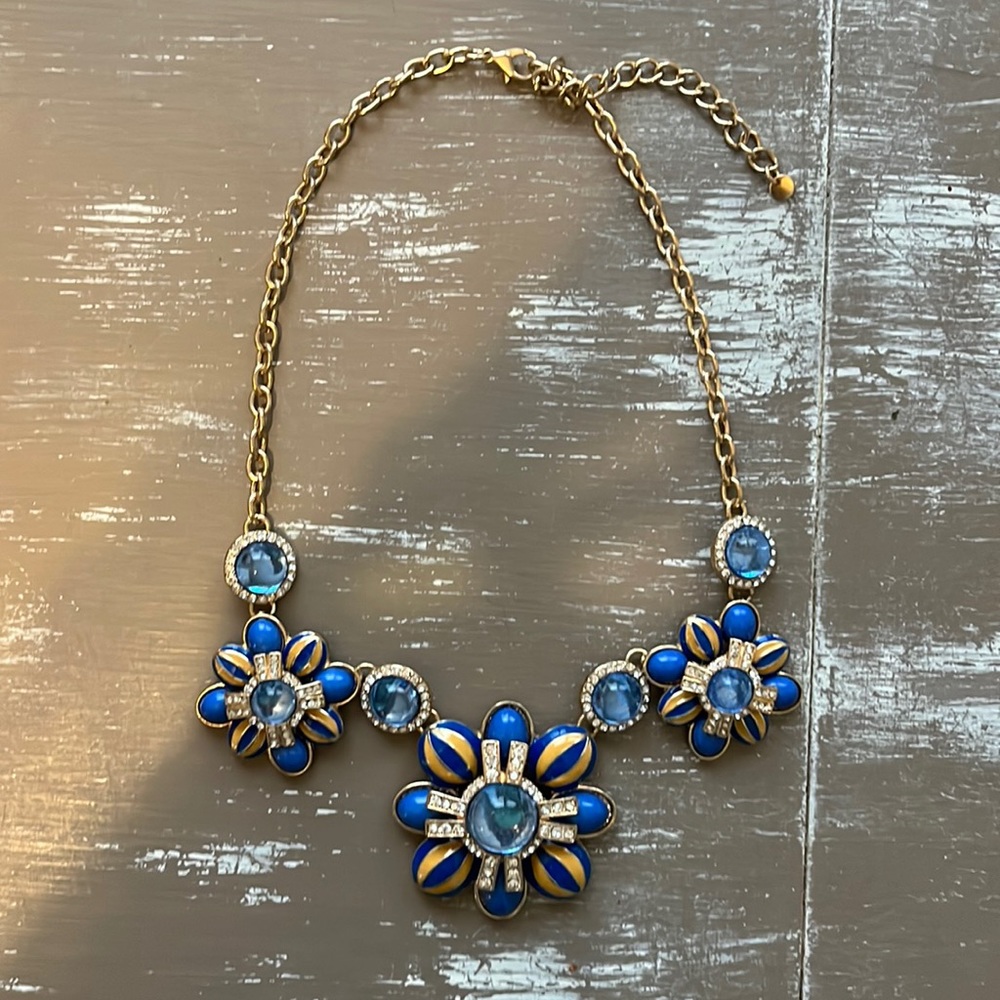 Charming Charlie Blue Gold Statement Necklace Floral Bib Chunky Boho